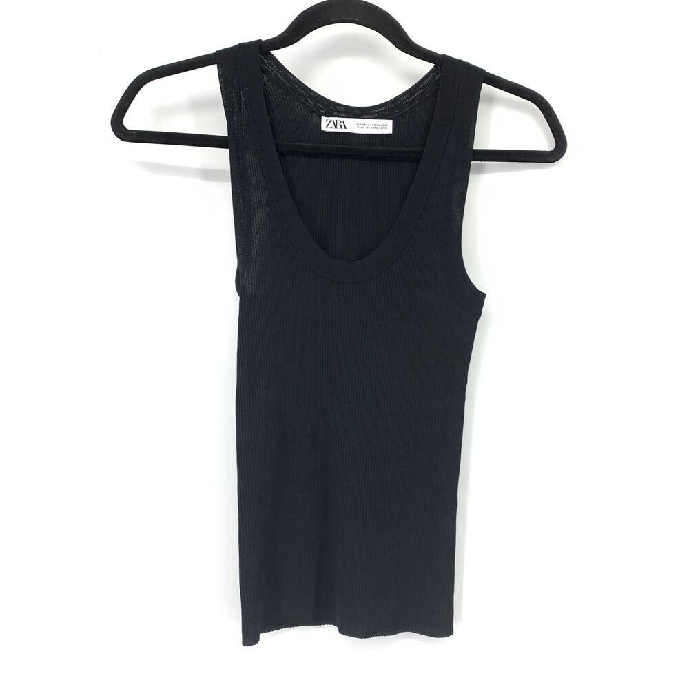 Zara Scoop Neck Ribbed Knit Tank Top Womens Size XS Black Stretch